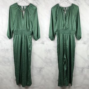 NWT Bloomingdale's Andrew Marc Satin Leopard Blouson Wide Leg Jumpsuit Boho L